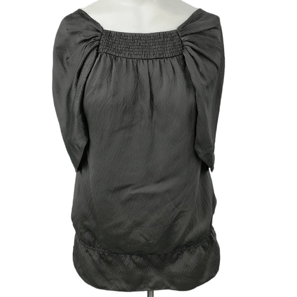 BCBG Max Azria Draped Silk Blouse Size XXS Gray Cape Sleeve Ruched Pleated